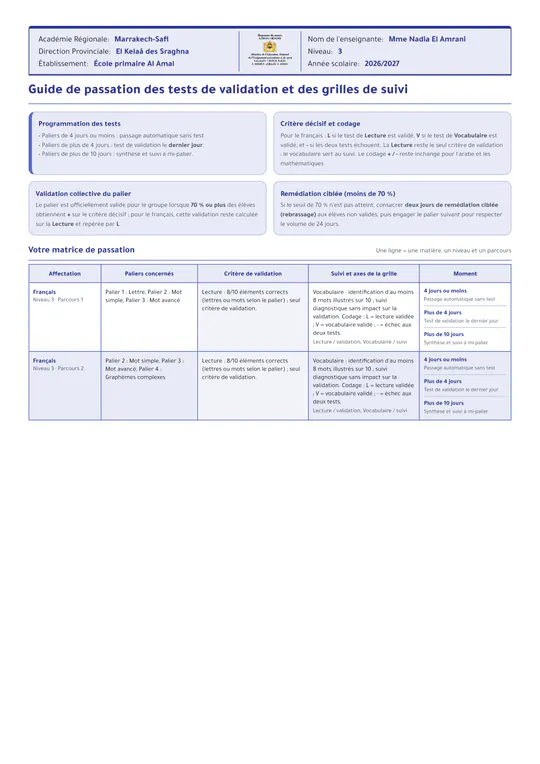 Guide de passation des tests de validation